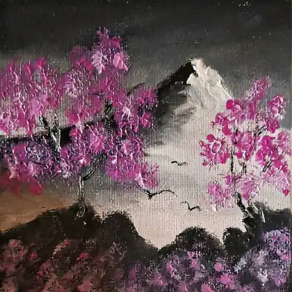 Bestseller Obraz na płótnie ręcznie malowany farbami olejowymi Sakura I Góra 10x10 miniaturowy