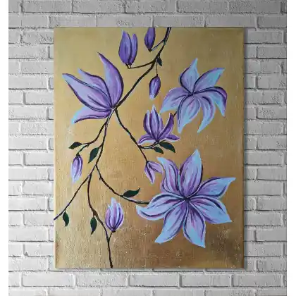 Obraz na płótnie ręcznie malowany akrylami Złota magnolia kwiaty 24x30 Nie przegap