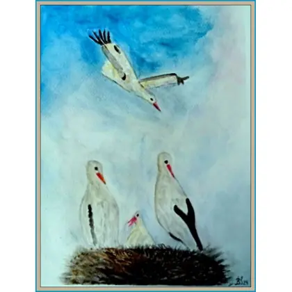 Bociany w gnieździe, akwarela 240x320 mm Ograniczona ilość